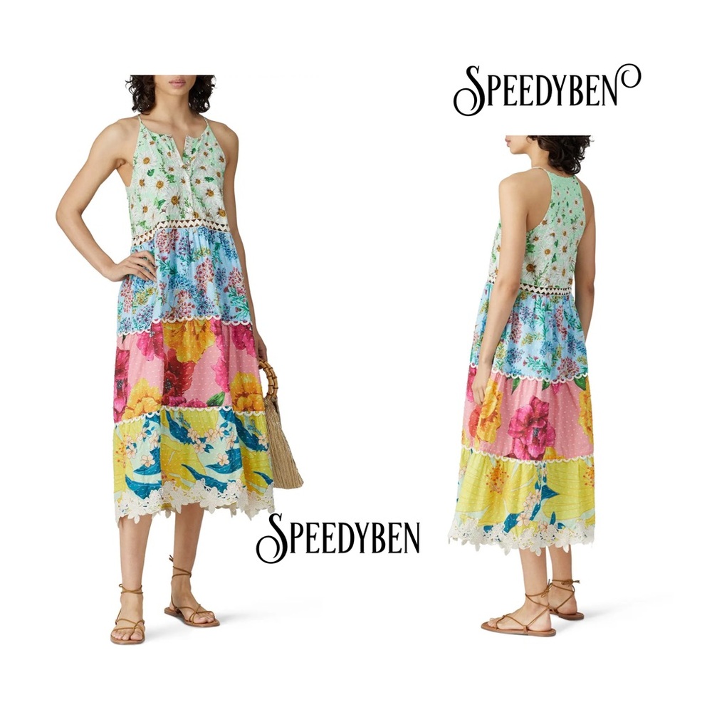 Farm Rio Mixed Floral Halter Dress Size Small - Picture 15 of 16